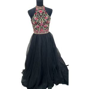 Morilee Madeline Gardner‎ Prom Dress Embroidered Beaded Grunge Goth Black Tulle